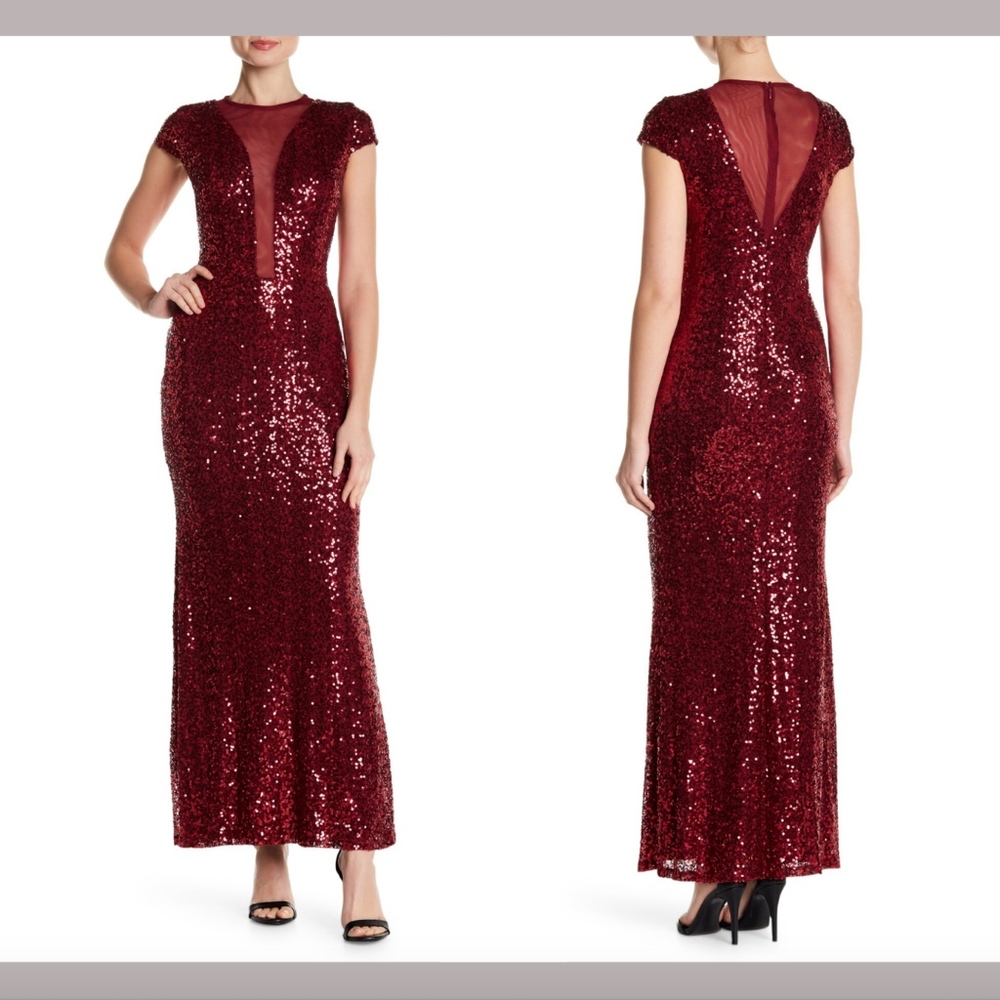 NWT Marina Mesh Inset Sequin Cap Sleeve Gown